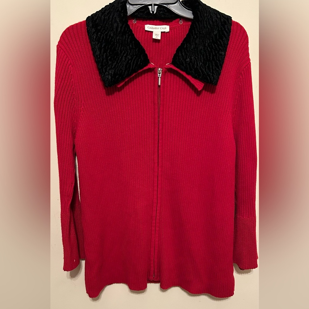 Coldwater Creek RED FAUX FUR COLLAR ZIP CARDIGAN SWEATER JACKET Medium‎